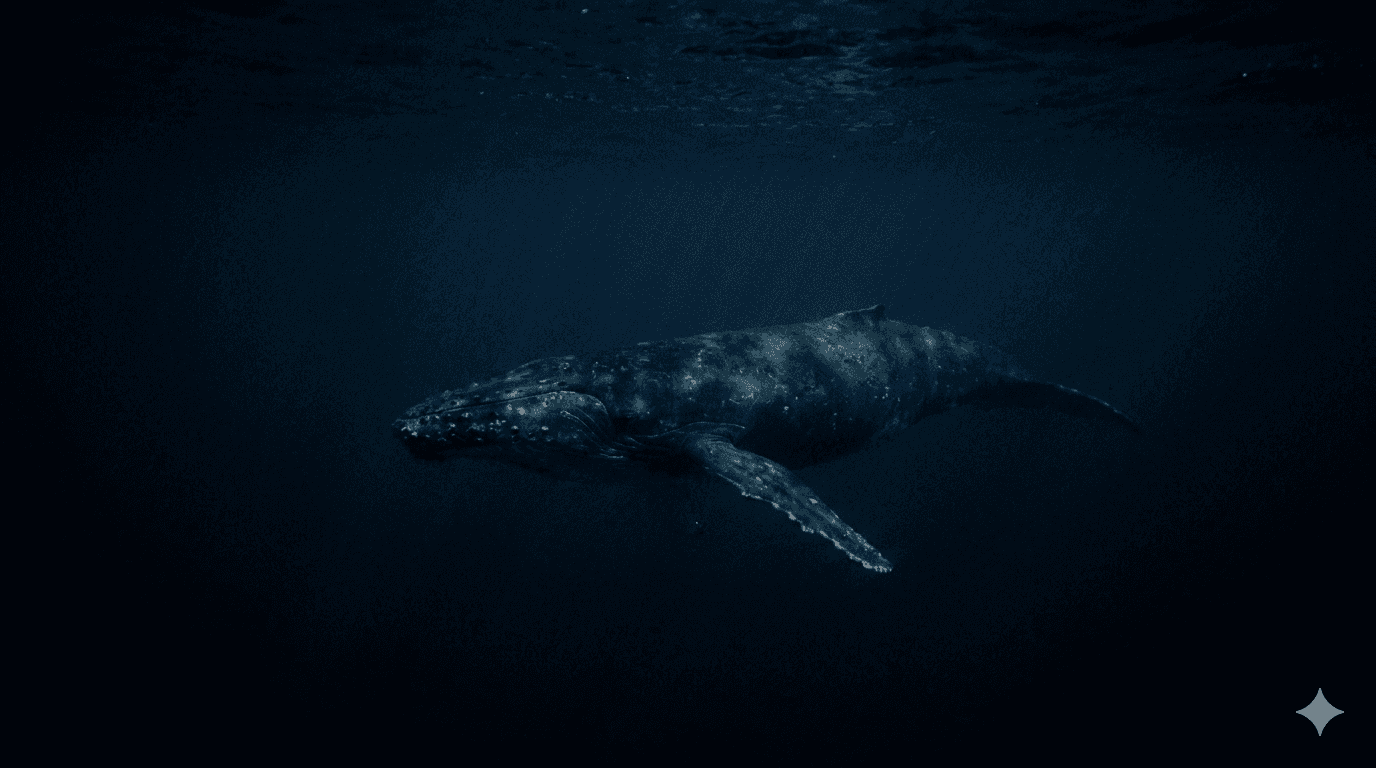 A whale moving through deep blue water