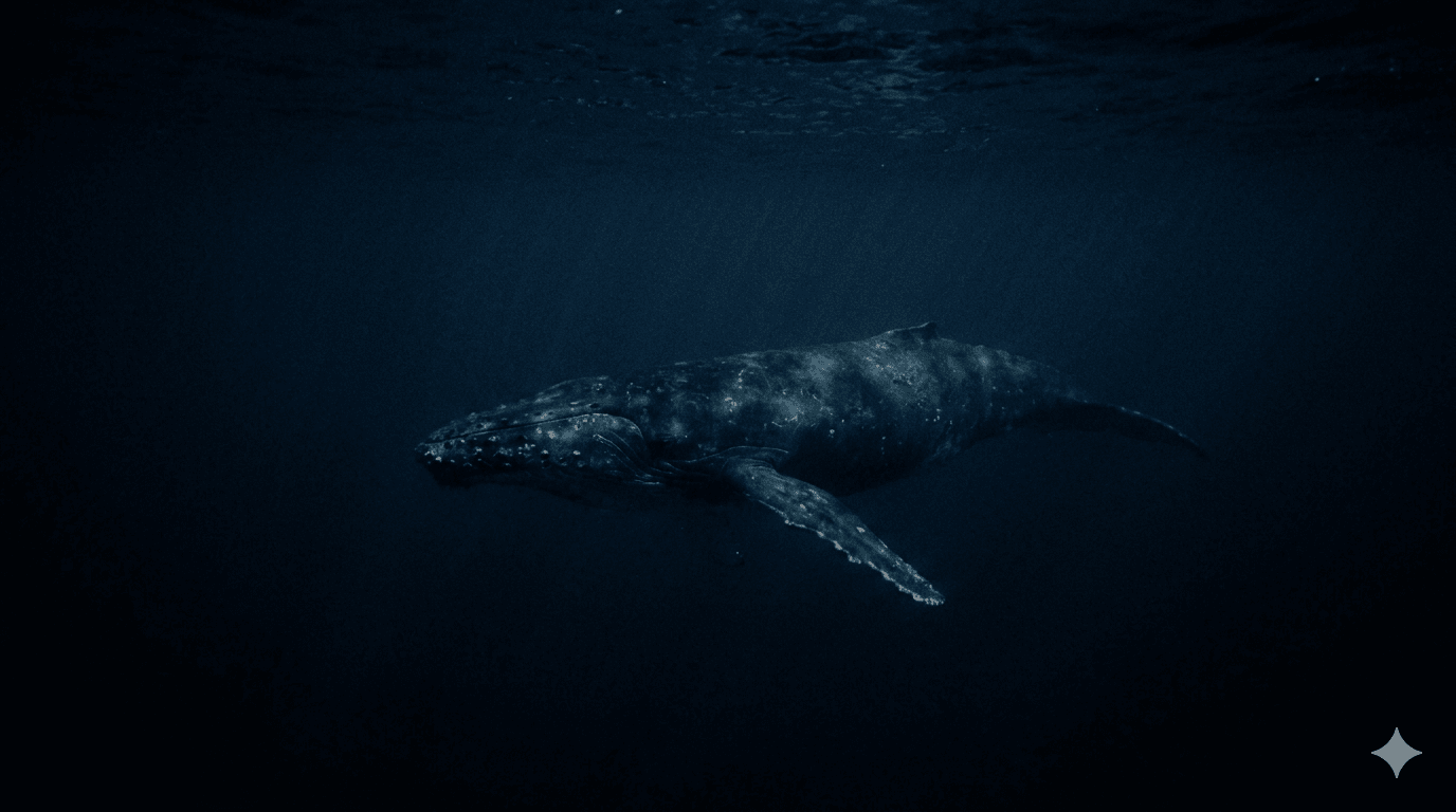 A whale moving through deep blue water